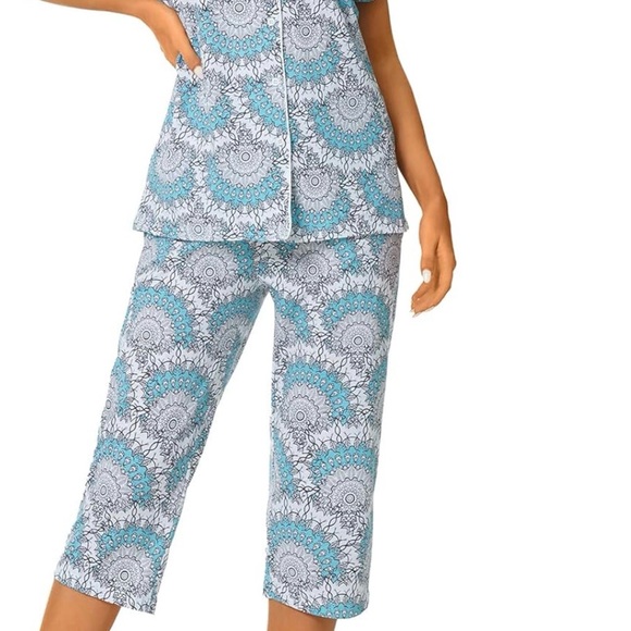 Women's Pajamas Set Button Down Short Sleeve Tugege Capri Sleepwear Sz M - Picture 3 of 13